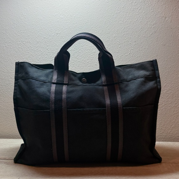 Hermes Handbags - Hermes Black and Brown Canvas Tote